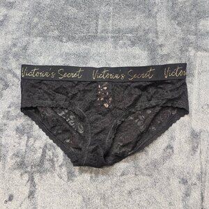 Victorias Secret Panties womens Medium Black lace gold logo hiphugger hipster